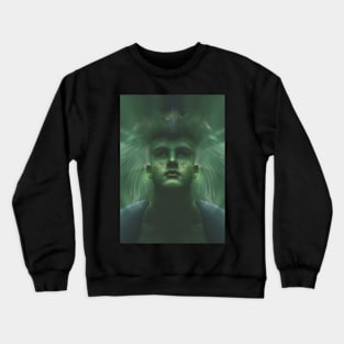 Portrait, digital collage, special processing. Dark, strong. Guy face looking up high. Fantasy. Aquamarine, energy flows. Crewneck Sweatshirt